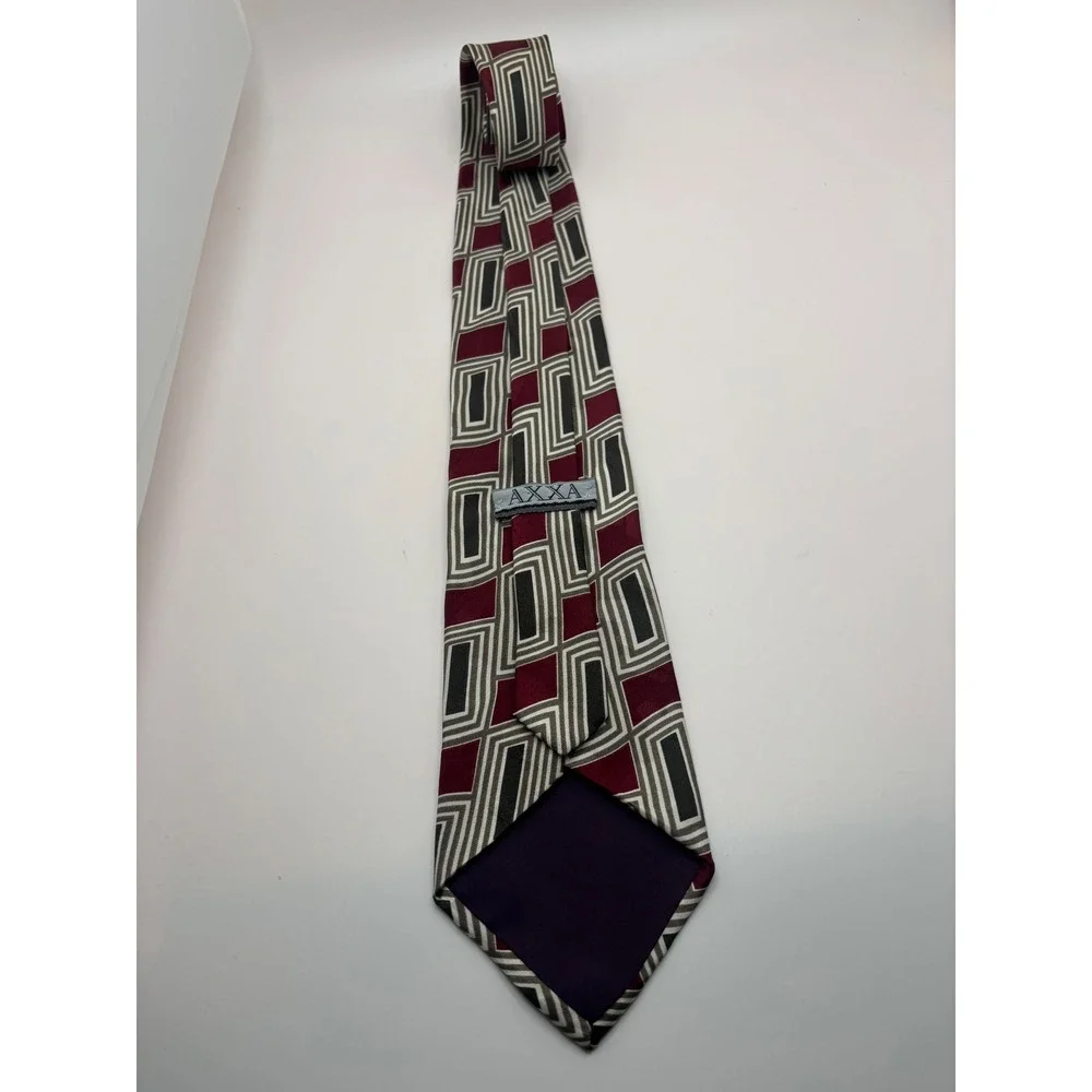 AXXA Mens Geometric Necktie Burgundy Grey Black Rectangular Pattern Silk Blend